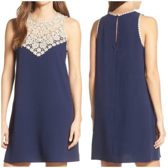 Lilly Pulitzer NWT Nala Soft Shift Dress True Navy Blue Size 4 Gold Floral Lace - Picture 1 of 12